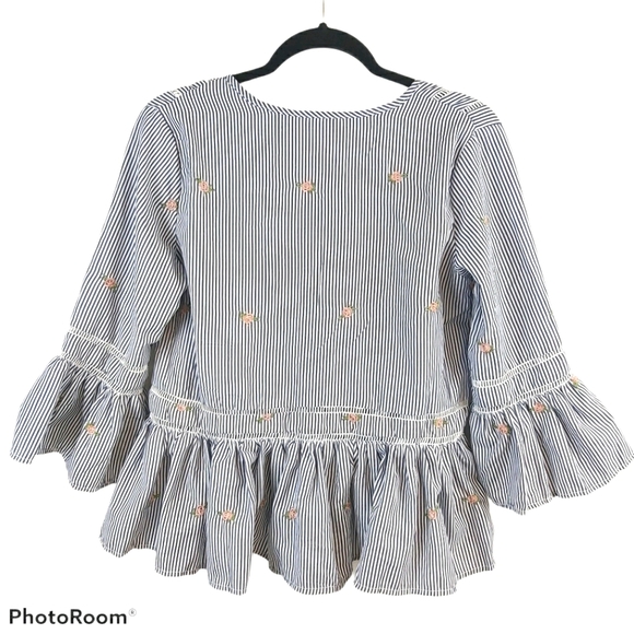 Jaase Boho Pinstripe Floral Ruffle Blouse Top - XS - Picture 3 of 8
